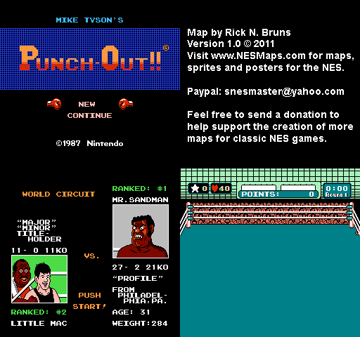 Mike Tyson's Punch-Out!! - Mr. Sandman World Circuit Nintendo NES Map BG