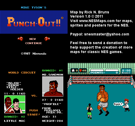 Mike Tyson's Punch-Out!! - Mr. Sandman World Circuit Nintendo NES Map